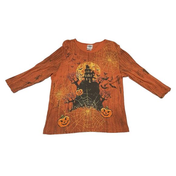 Studio Collection Halloween 3/4 Sleeve Shirt Orange Rhinestones Women's Size L - Picture 1 of 11